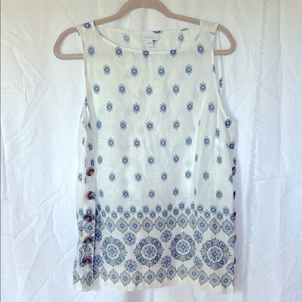 J JILL LOVE Linen sleeveless paisley print top. Side buttons Beach/Boho Size Med